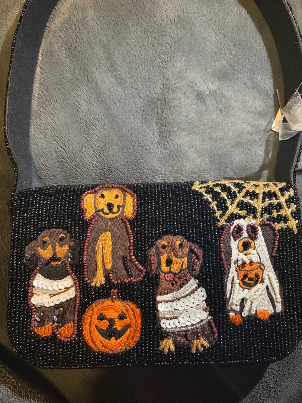 Beaded Halloween Dog Patch Shoulder Bag - Black
